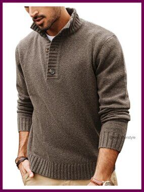 Mens Wool Blend Quarter Button Stand Collar Knit Pullover Sweater